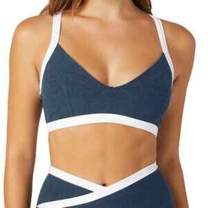 Yoga top dark blue with white straps and grey band
